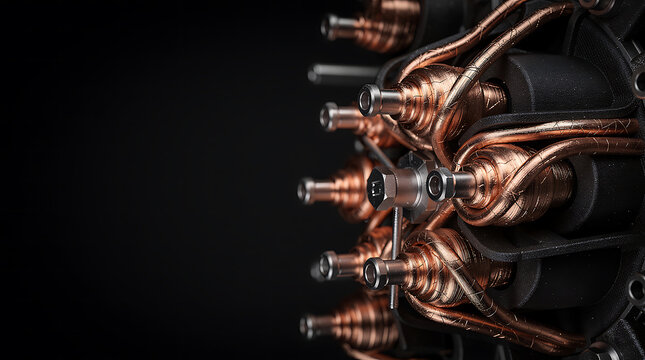 Asymmetrical elevated macro of compressed multi-stage dilution refrigerator mixing chambers encased in raw copper thermal braids with dark typography void