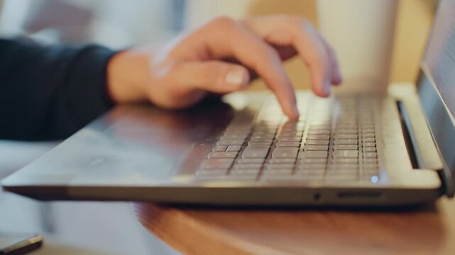 White hands typing rapidly on laptop, urgent deadline energy with screen glow, remote developer coding at night, coffee cup beside keyboard, fast keystrokes, startup hustle, focused palms, efficient