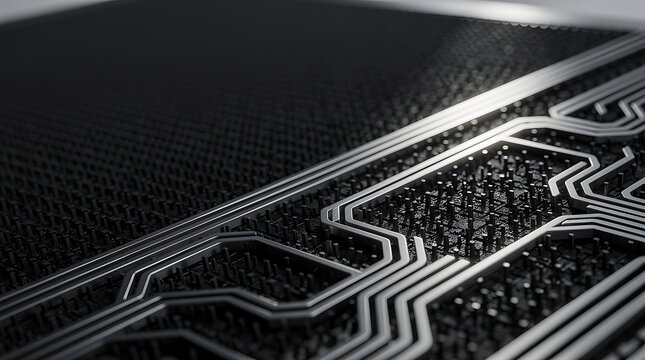 Low-angle upward macro inspection of an abrasive silicon nitride wafer exposing razor-sharp photonic circuitry trenches with pristine darkened negative space