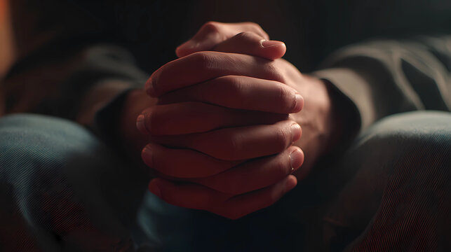 Close-up of hands tightly clasped on lap expressing tension or prayer, Generative AI illustrations.