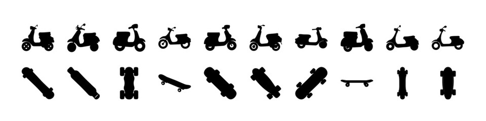 Scooter and motorcycle silhouette icons set collection - Black silhouettes of scooters and motorcycles along with parts and components, ideal for transport, urban mobility, and mechanical design theme © MST