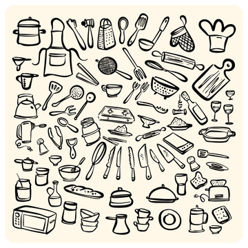 Hand Drawn Kitchen Utensils and Cooking Tools Equipment Doodle Mega Set