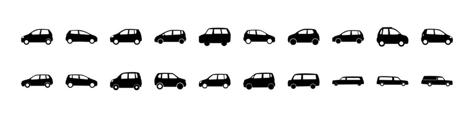 Fototapeta premium Car silhouette icons collection of modern vehicles - Black silhouettes of modern cars in various shapes and sizes, ideal for automotive, transport, and urban mobility design projects.