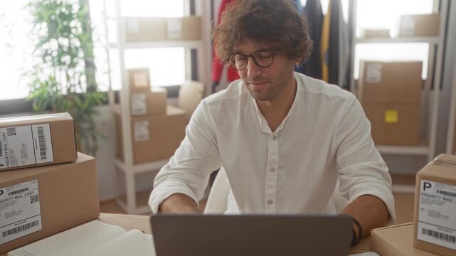 Man writes with pen on open notebook beside stacked shipping boxes and laptop at a packing table in a building; small business focus.