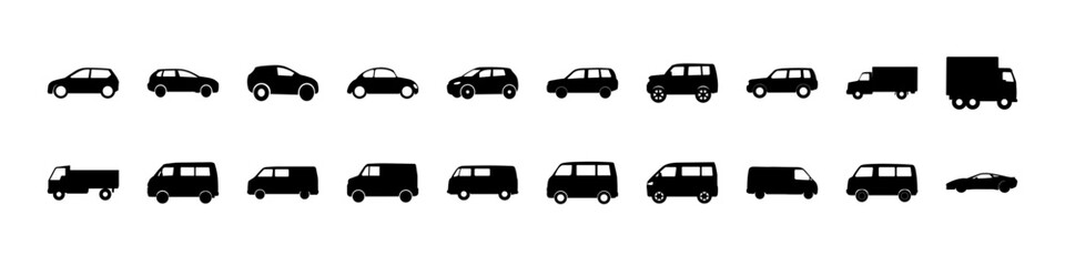 Fototapeta premium Car and truck silhouette icons transport set - Black silhouettes of various cars, vans, and trucks in different styles, suitable for transport, logistics, and automotive design projects.