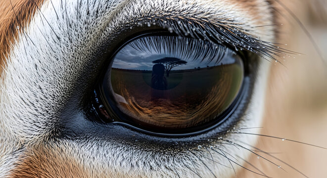 Close-up of a dog's eye with a reflective gaze. Generative AI