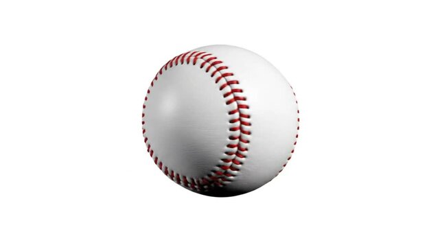 Rotating baseball close up on a white background showing the red stitching and texture of the ball
