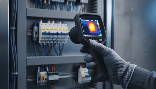 Professional engineer scanning an electrical panel for a thermal anomaly using a handheld infrared camera for industrial maintenance and safety inspection concept
