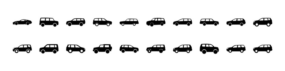 Fototapeta premium Black car top view silhouette icon set - Collection of black silhouettes featuring cars in top view perspective arranged in rows on a white background for transport design.