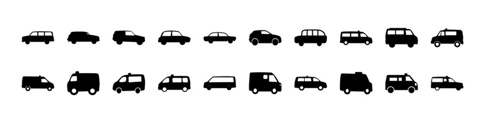 Fototapeta premium Black vehicle transport silhouette icon set - Collection of black silhouettes featuring various vehicles including cars, vans and trucks arranged in rows on a white background.