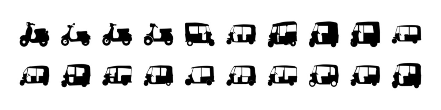 Small vehicle silhouette icons scooter and buses - Set of black silhouettes featuring small urban vehicles like scooters, tuk tuks, vans, and minibuses, ideal for transport and city design themes.