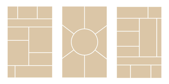 Image collage layout template. Beige mosaic mood board grid collection. Picture frame set. Photo album idea for banner, poster, comic page, flyer, brochure, booklet, memory wall design. Vector pack