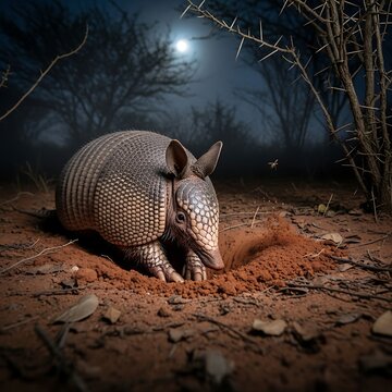 Armadillo digs in dirt at night, moonlit desert, eerie, natural