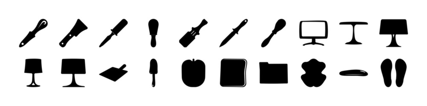 Black tools and device silhouette icon set - Collection of black silhouettes featuring tools, screens, folders and office devices arranged in rows on a white background for icon design.