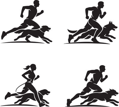 Silhouette Illustration of People Running and Jogging with Dogs, Active Lifestyle Concepts