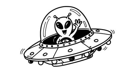 Alien in spaceship with transparent dome and circular controls inside featuring UFO, illustration, cartoon © Saheen