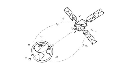Satellite orbiting earth with geometric panels and solar arrays featuring space, orbit, minimalist with line © Saheen