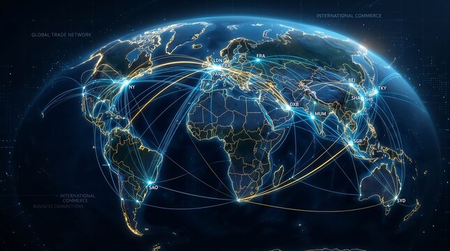 A glowing blue and gold map of the world with connecting lines and dots representing global connections