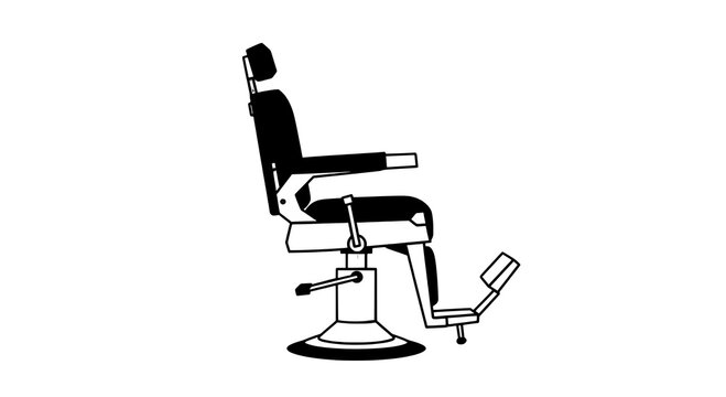 Barber chair with adjustable height and reclining backrest, simple black lines featuring vector graphic,