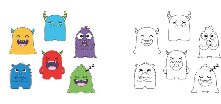 Cute Cartoon Monsters with Different Facial Expressions Set, Coloring Book Page and Colored Version Illustration for Kids Education and Emotional Intelligence