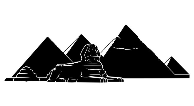 Sphinx and pyramids silhouette icon with bold black shapes and white cutout highlights for travel