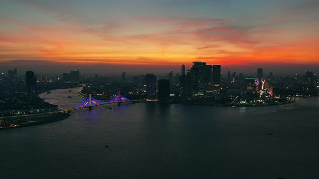 A view of Phnom Penh, Cambodia, beside the Mekong River at sunset