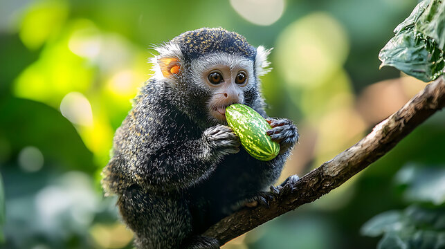 A small monkey sits on a tree branch eating a green fruit.