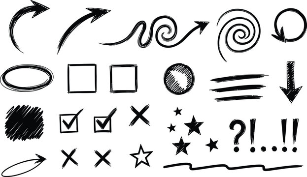 Collection of hand drawn sketch elements arrows shapes and symbols