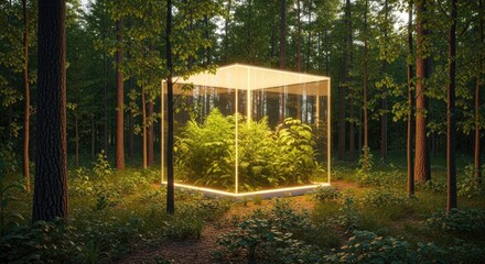 Fototapeta premium “A glowing glass room in a once-damaged forest now regenerating, new plants growing vibrantly, soft golden light inside the room symbolizing hope, restoration, and commitment to protecting nature.” 