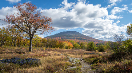 Obraz premium Autumn Mountain Landscape with Colorful Trees and Cloudy Sky.