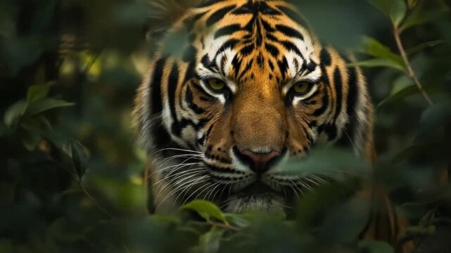Close-up of a tiger in foliage.