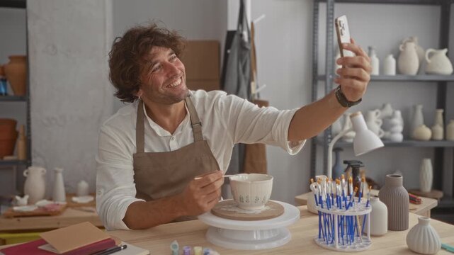 Man in studio wearing apron painting a ceramic bowl with brush, smiling and holding phone up for selfie while seated at pottery table; creative joy.