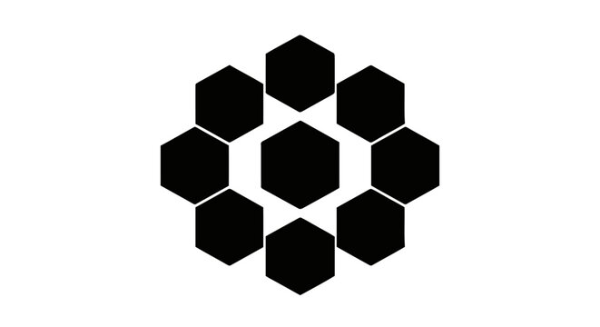 Vector illustration&nbsp;of geometric pattern of black hexagons arranged in a circular floral shape on a transparent background