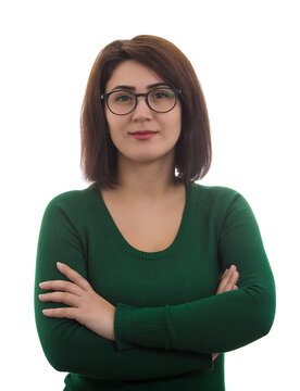 Confident woman wearing eyeglasses keeps arms crossed smiling broadly. Contented female portrait isolated on transparent background