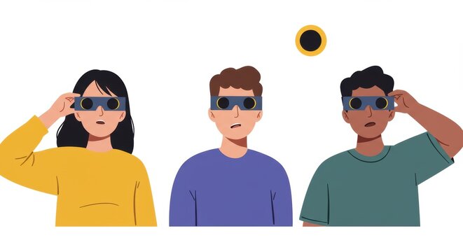 Diverse group watching solar eclipse with protective glasses