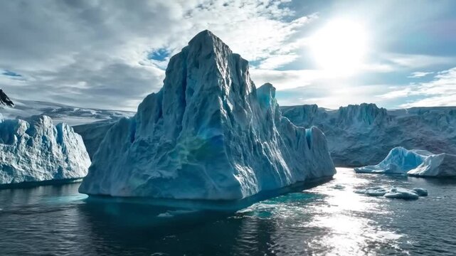 Majestic iceberg in the arctic ocean waters with sun reflecting off of the water and icebergs