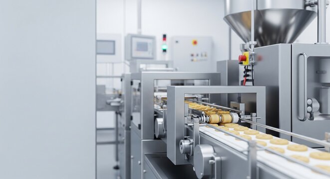 Automated food production line with cookies on conveyor belts in a modern factory