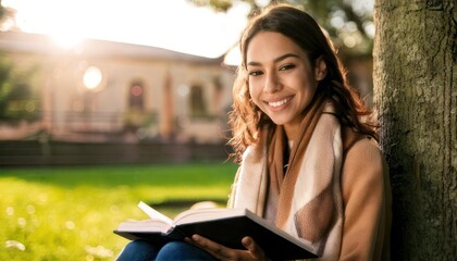 Fototapeta premium Smiling student reading a book outdoors on campus.