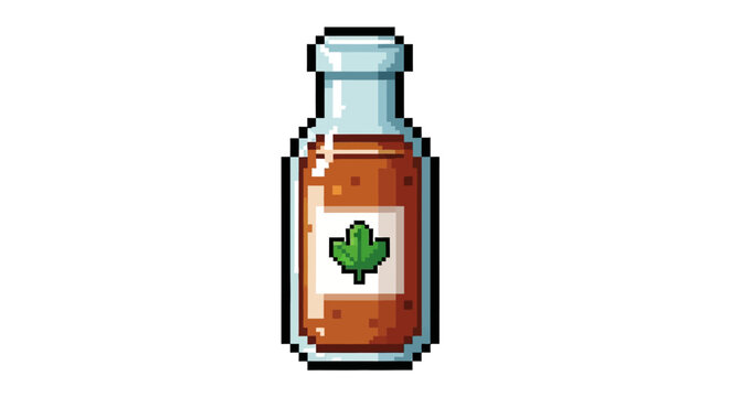 Pixel Art Potion Bottle with Green Leaf Symbol.