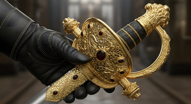 Close-up of gloved hand holding ornate gold sword handle. Generative AI