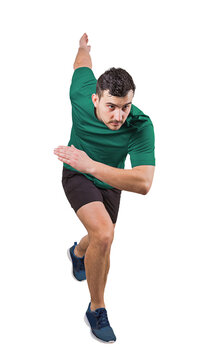 Full length portrait of a fit man leaning forward in a dynamic starting position isolated on transparent background. Male athlete with focused gaze convey energy, athletic readiness, and determination