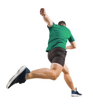 Full length rear view portrait of a determined man athlete jumping over obstacle isolated on transparent background. Male runner in powerful leaping motion, physical performance and agility
