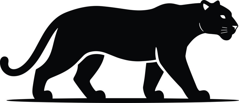 Black panther silhouette walking gracefully, majestic black leopard or jaguar profile illustration, wild big cat predator icon isolated on white background for logo and wildlife designs.