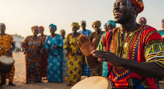 african man playing drum in colorful traditional clothing with group