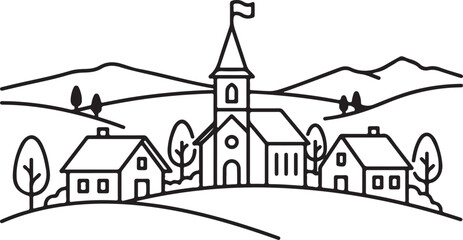Fototapeta premium Linear drawing of a village with a church and surrounding hillsides
