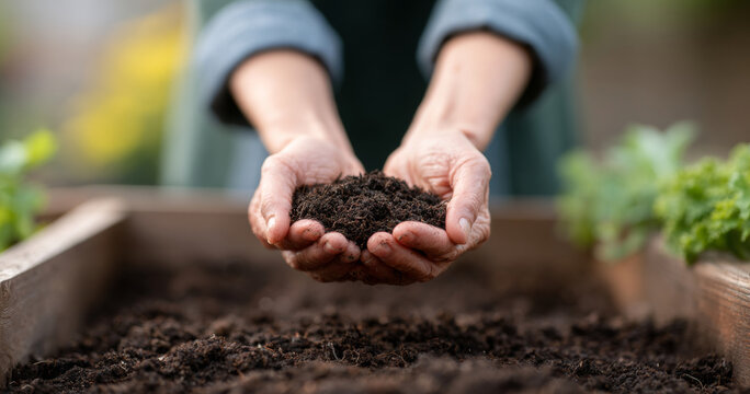 Hands holding soil over garden bed