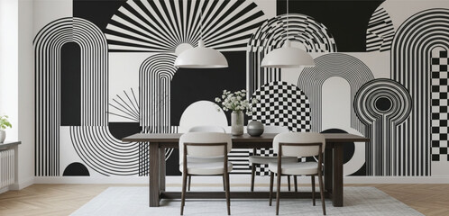 Black and White Geometric Wall Mural with Abstract Arches Sunbursts and Checkered Patterns for Modern Living Room Interior Design and Minimalist Home Decor © salsabil