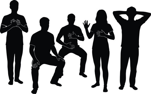 Five silhouettes demonstrating various stretching and relaxation postures