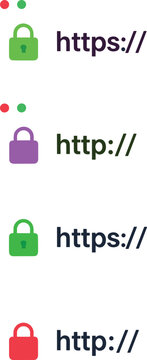 Illustration set of website security icons featuring lock symbols with HTTPS and HTTP protocols, representing SSL certification, data encryption, internet safety, and secure browsing concepts.