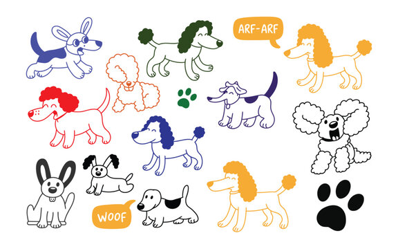 Colorful Cartoon Dogs And Poodles On White Background For Pet Care Concepts